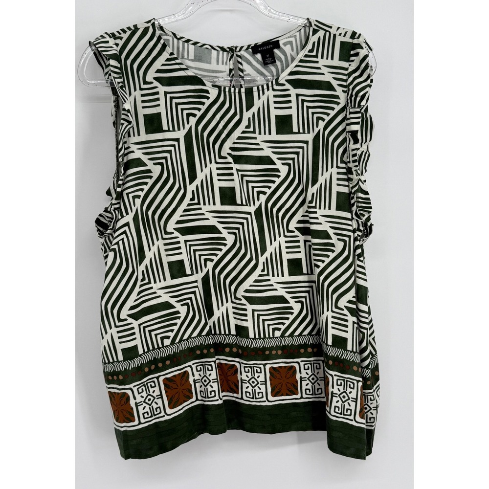 Halogen Womens Sz XL Olive Green White Geometric Print Ruffle Sleeveless Blouse